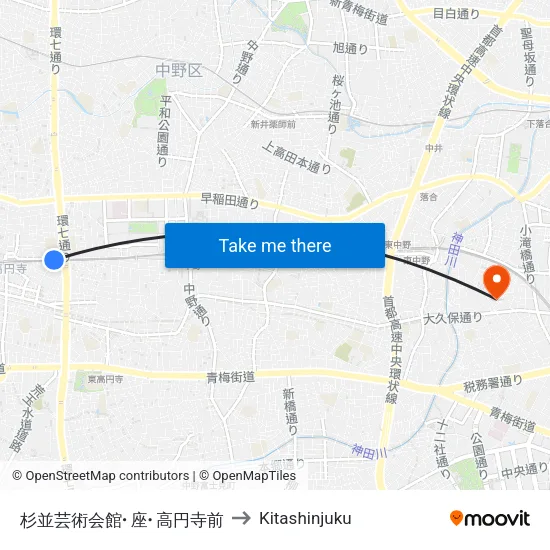 杉並芸術会館･座･高円寺前 to Kitashinjuku map