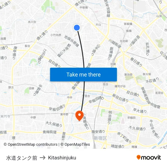水道タンク前 to Kitashinjuku map