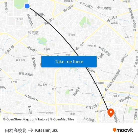 田柄高校北 to Kitashinjuku map