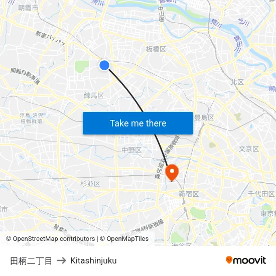 田柄二丁目 to Kitashinjuku map