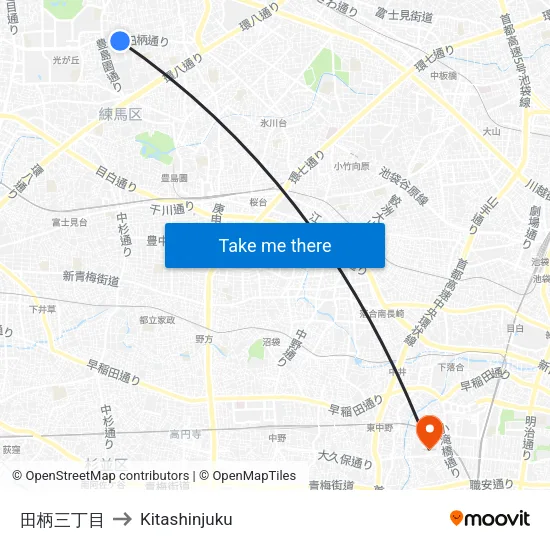 Tagara 3-chome to Kitashinjuku map