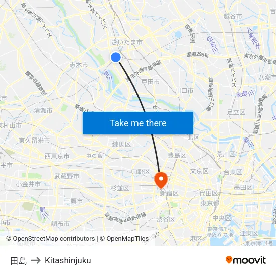 Tajima to Kitashinjuku map