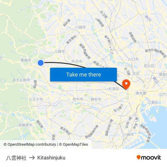 八雲神社 to Kitashinjuku map