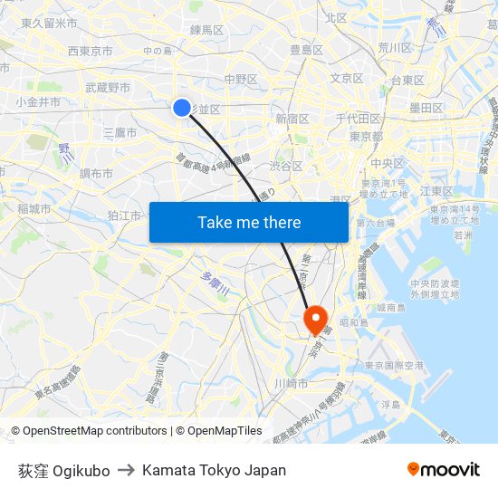 荻窪 Ogikubo to Kamata Tokyo Japan map