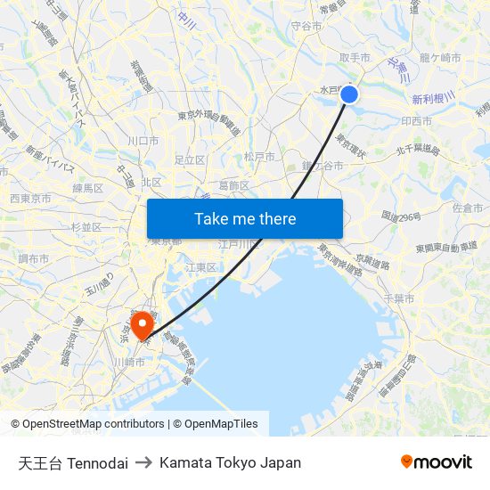 天王台 Tennodai to Kamata Tokyo Japan map