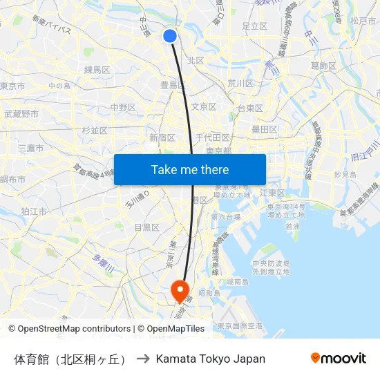 Gymnasium (Kita-ku Kirigaoka) to Kamata Tokyo Japan map