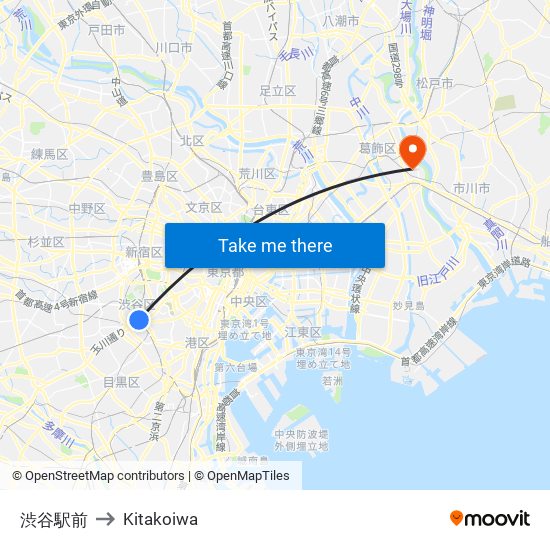 渋谷駅前 to Kitakoiwa map