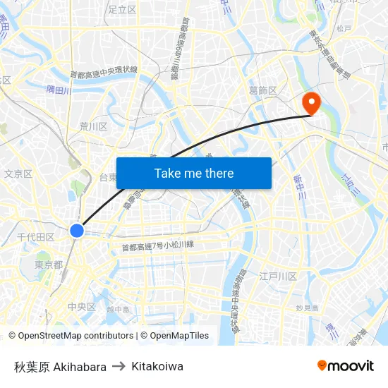 Akihabara to Kitakoiwa map
