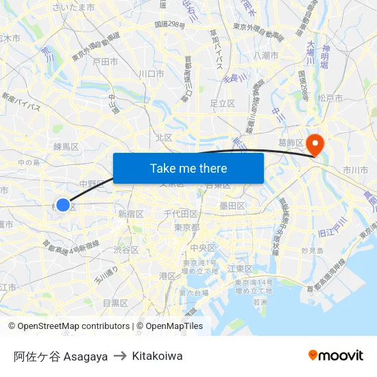 阿佐ケ谷 Asagaya to Kitakoiwa map
