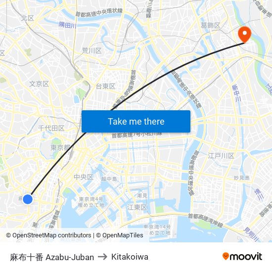 麻布十番 Azabu-Juban to Kitakoiwa map