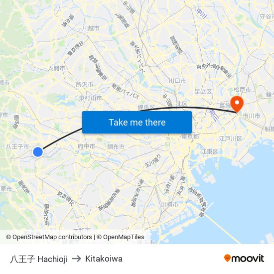 八王子 Hachioji to Kitakoiwa map