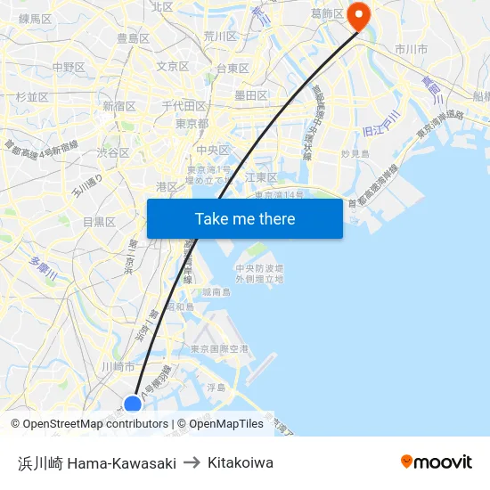 浜川崎 Hama-Kawasaki to Kitakoiwa map