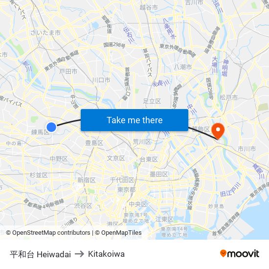 平和台 Heiwadai to Kitakoiwa map