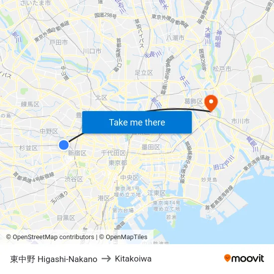 東中野 Higashi-Nakano to Kitakoiwa map