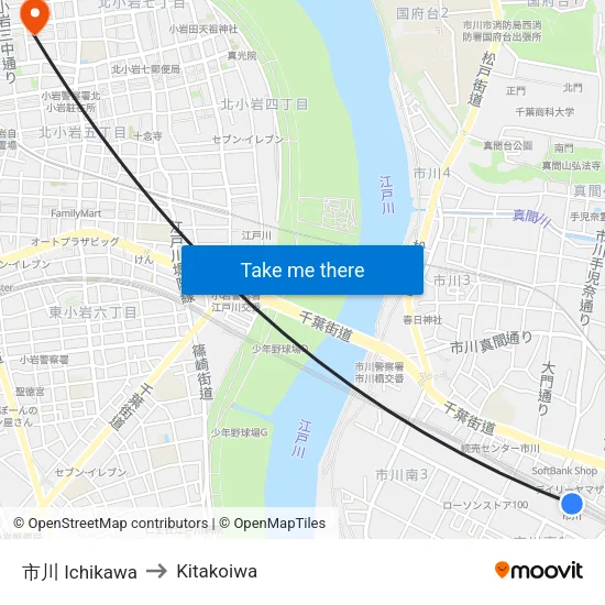 Ichikawa to Kitakoiwa map
