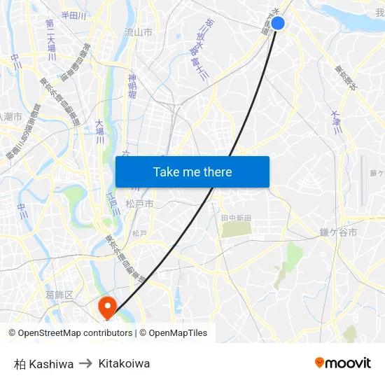 Kashiwa to Kitakoiwa map