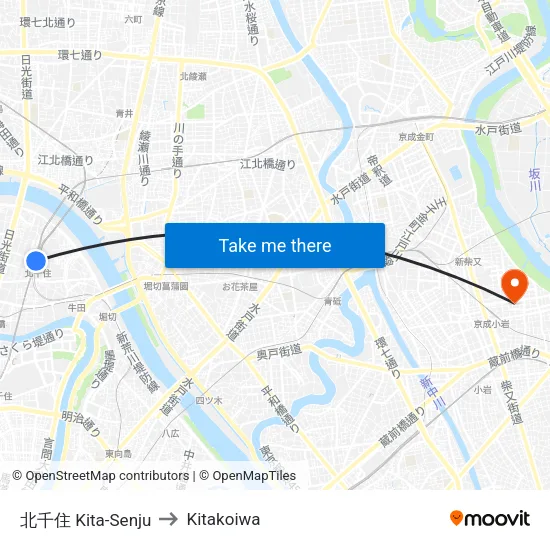北千住 Kita-Senju to Kitakoiwa map