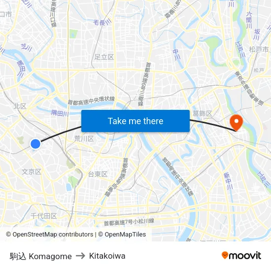 駒込 Komagome to Kitakoiwa map