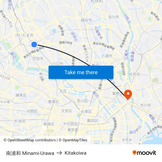 Minami-Urawa to Kitakoiwa map