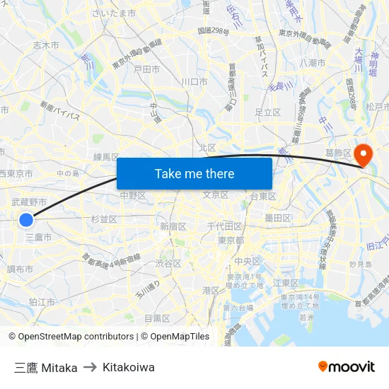 三鷹 Mitaka to Kitakoiwa map