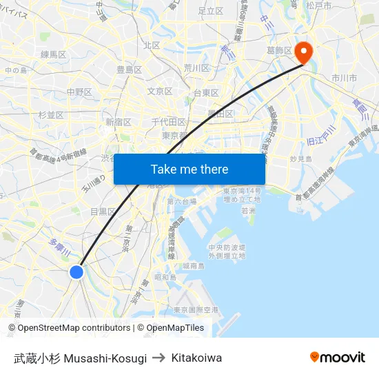 武蔵小杉 Musashi-Kosugi to Kitakoiwa map