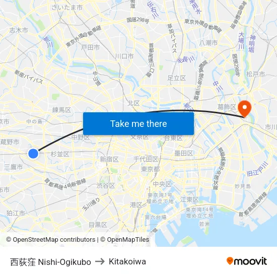 西荻窪 Nishi-Ogikubo to Kitakoiwa map