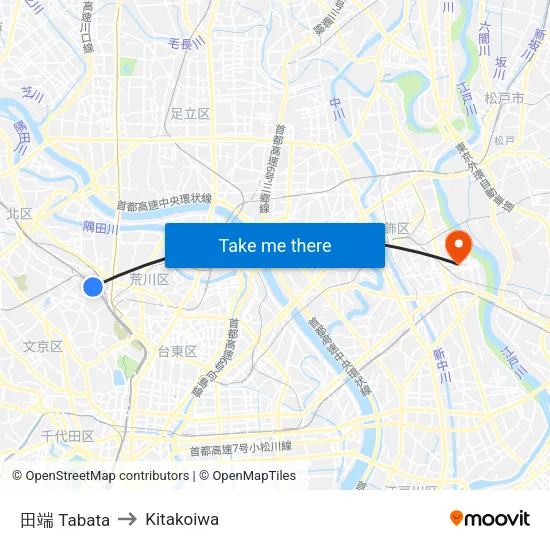 田端 Tabata to Kitakoiwa map