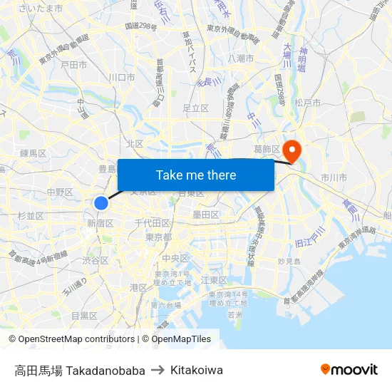 Takadanobaba to Kitakoiwa map
