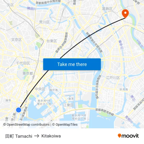 田町 Tamachi to Kitakoiwa map