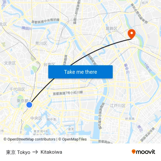 Tokyo to Kitakoiwa map