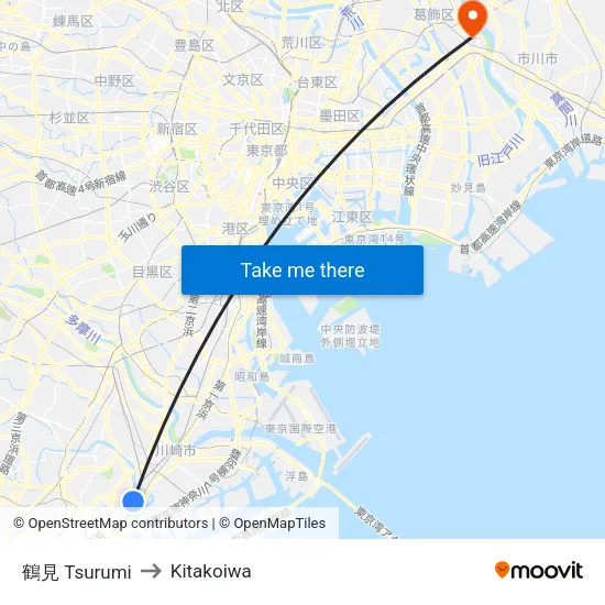 Tsurumi to Kitakoiwa map
