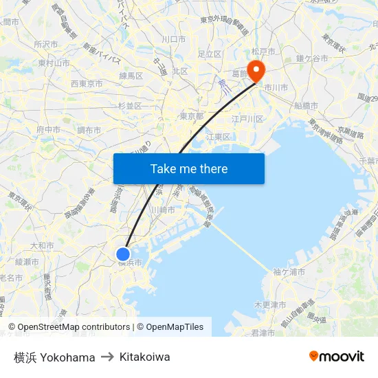 Yokohama to Kitakoiwa map