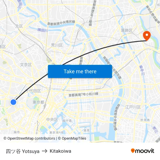 Yotsuya to Kitakoiwa map