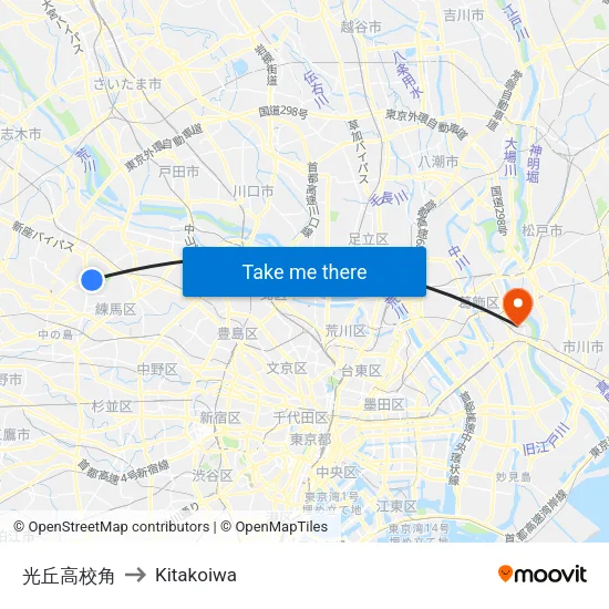 光丘高校角 to Kitakoiwa map