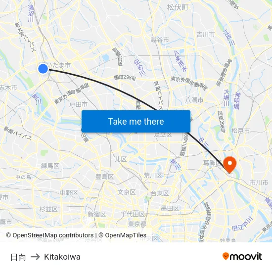 Hinata to Kitakoiwa map