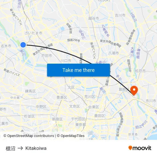 Hitonuma to Kitakoiwa map