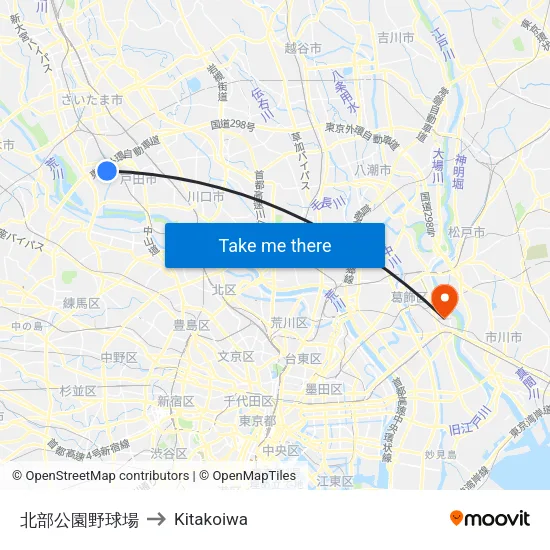 北部公園野球場 to Kitakoiwa map
