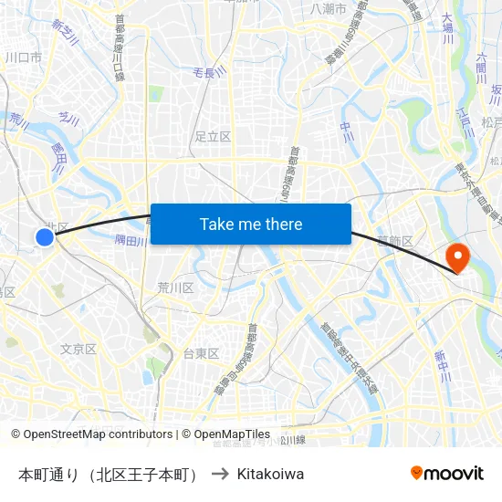 Honcho-dori (Kita-ku Oji-honcho) to Kitakoiwa map