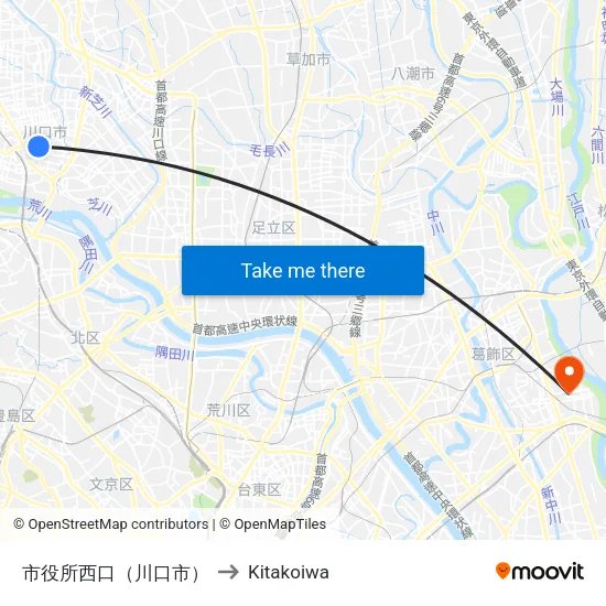 市役所西口（川口市） to Kitakoiwa map