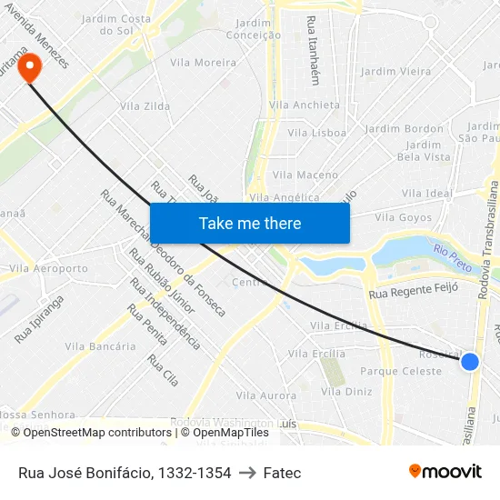 Rua José Bonifácio, 1332-1354 to Fatec map