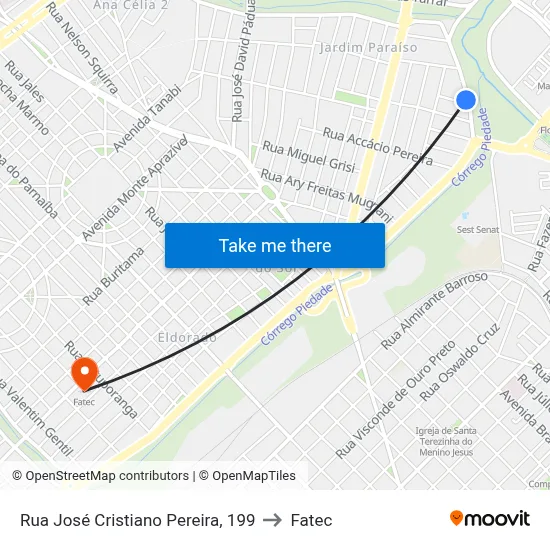 Rua José Cristiano Pereira, 199 to Fatec map