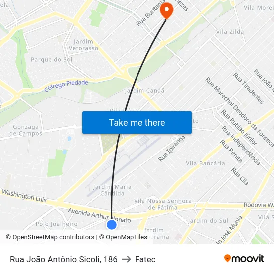 Rua João Antônio Sicoli, 186 to Fatec map
