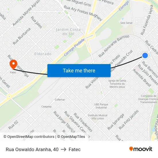 Rua Oswaldo Aranha, 40 to Fatec map