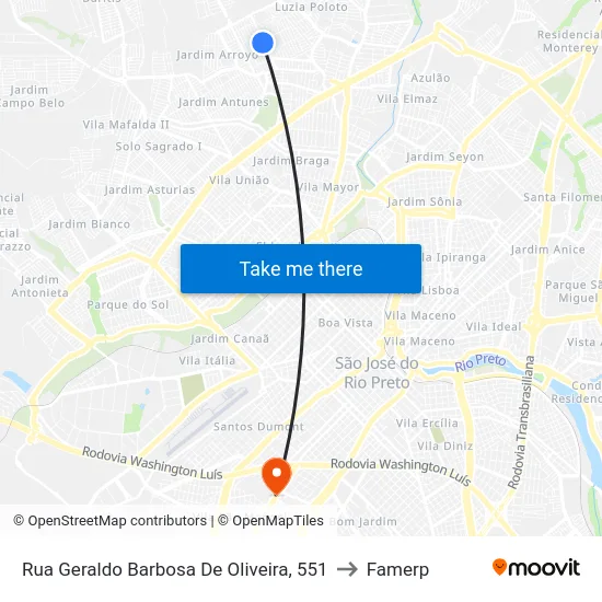 Rua Geraldo Barbosa De Oliveira, 551 to Famerp map