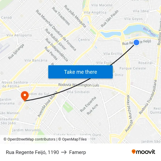 Rua Regente Feijó, 1190 to Famerp map