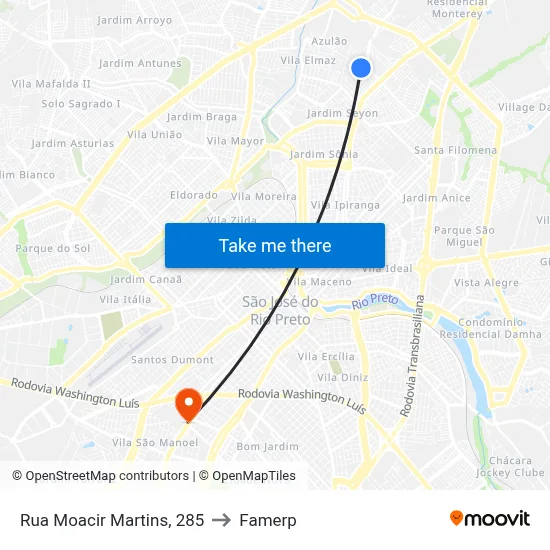 Rua Moacir Martins, 285 to Famerp map