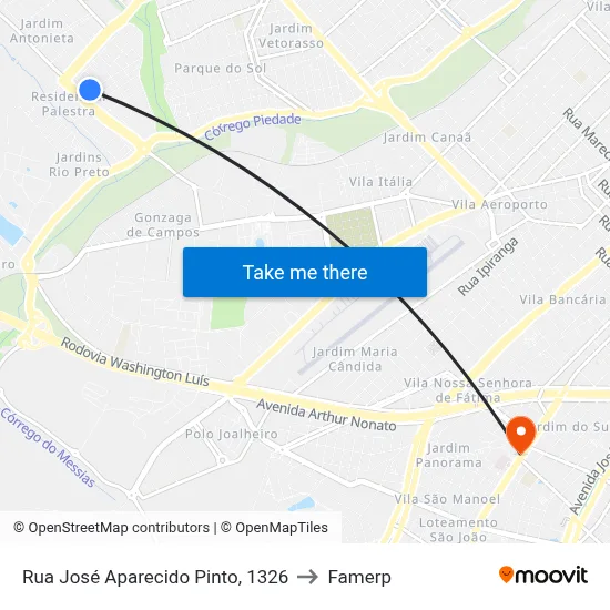 Rua José Aparecido Pinto, 1326 to Famerp map