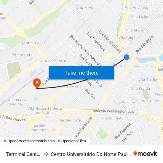 Terminal Central to Centro Universitário Do Norte Paulista map