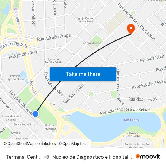 Terminal Central to Nucleo de Diagnóstico e Hospital Dia map