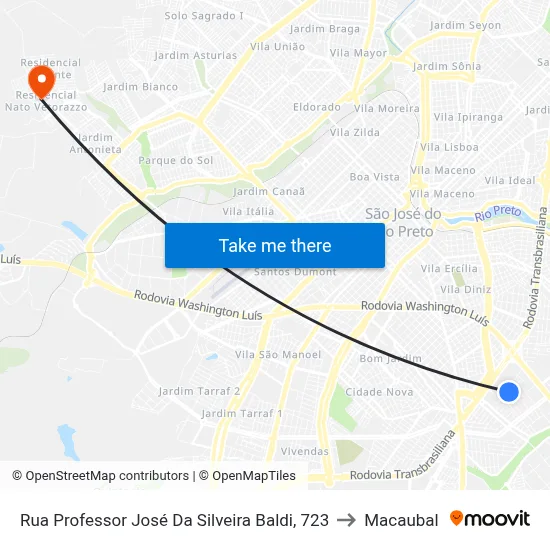 Rua Professor José Da Silveira Baldi, 723 to Macaubal map